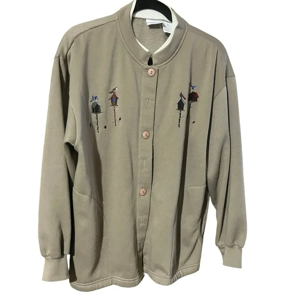 Vintage Bobbi Brooks Button Front Sweatshirt Cardigan w/ Birdhouses Size Large